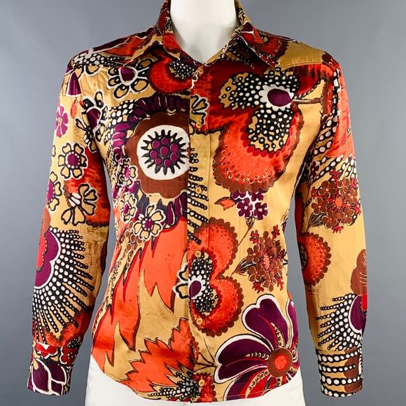 JUST CAVALLI Size L Red Yellow Abstract Floral Silk Western Long Sleeve Shirt - Picture 1 of 9